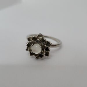 Elegant Silver Lotus With Drop Floral Ring (Costume Jewelry)